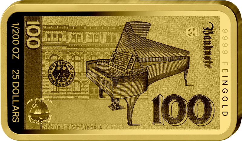 Imagen del reverso del lingote con el motivo del reverso del billete de 100 DM, junto con 1/200 OZ, 25 DOLLARS, REPUBLIC OF LIBERIA y 9999 FEINGOLD