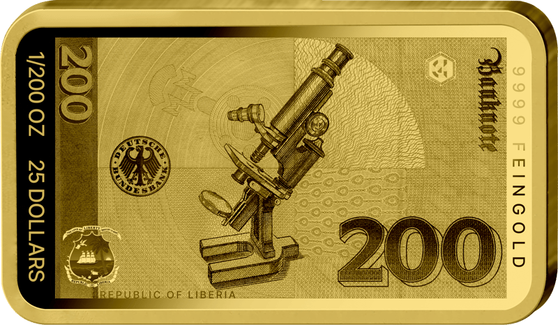 Abbildung der Rückseite des Barrens mit dem Motiv der Rückseite des 200-Mark-Scheins, dazu 1/200 OZ, 25 DOLLARS, REPUBLIC OF LIBERIA und 9999 FEINGOLD
