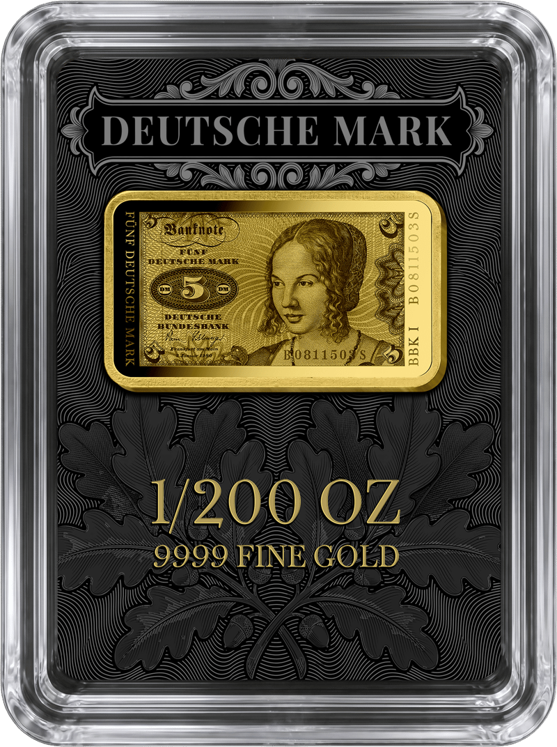 Abbildung des Barrens in der Kapsel auf seiner schwarzen Karte mit DEUTSCHE MARK, 1/200 OZ und 9999 FINE GOLD