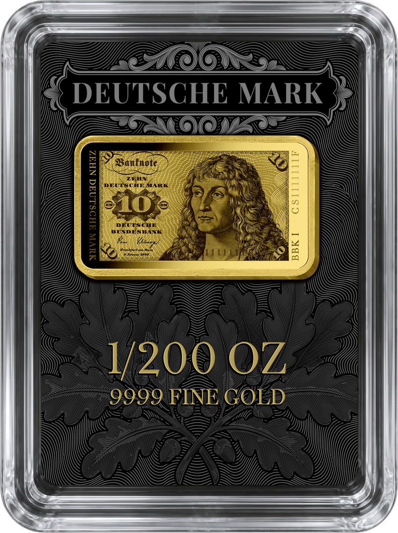 Abbildung des Barrens in der Kapsel auf seiner schwarzen Karte mit DEUTSCHE MARK, 1/200 OZ und 9999 FINE GOLD