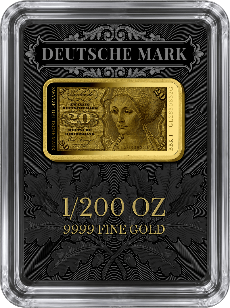 Abbildung des Barrens in der Kapsel auf seiner schwarzen Karte mit DEUTSCHE MARK, 1/200 OZ und 9999 FINE GOLD