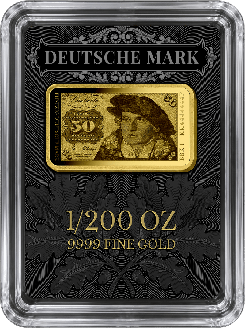 Abbildung des Barrens in der Kapsel auf seiner schwarzen Karte mit DEUTSCHE MARK, 1/200 OZ und 9999 FINE GOLD