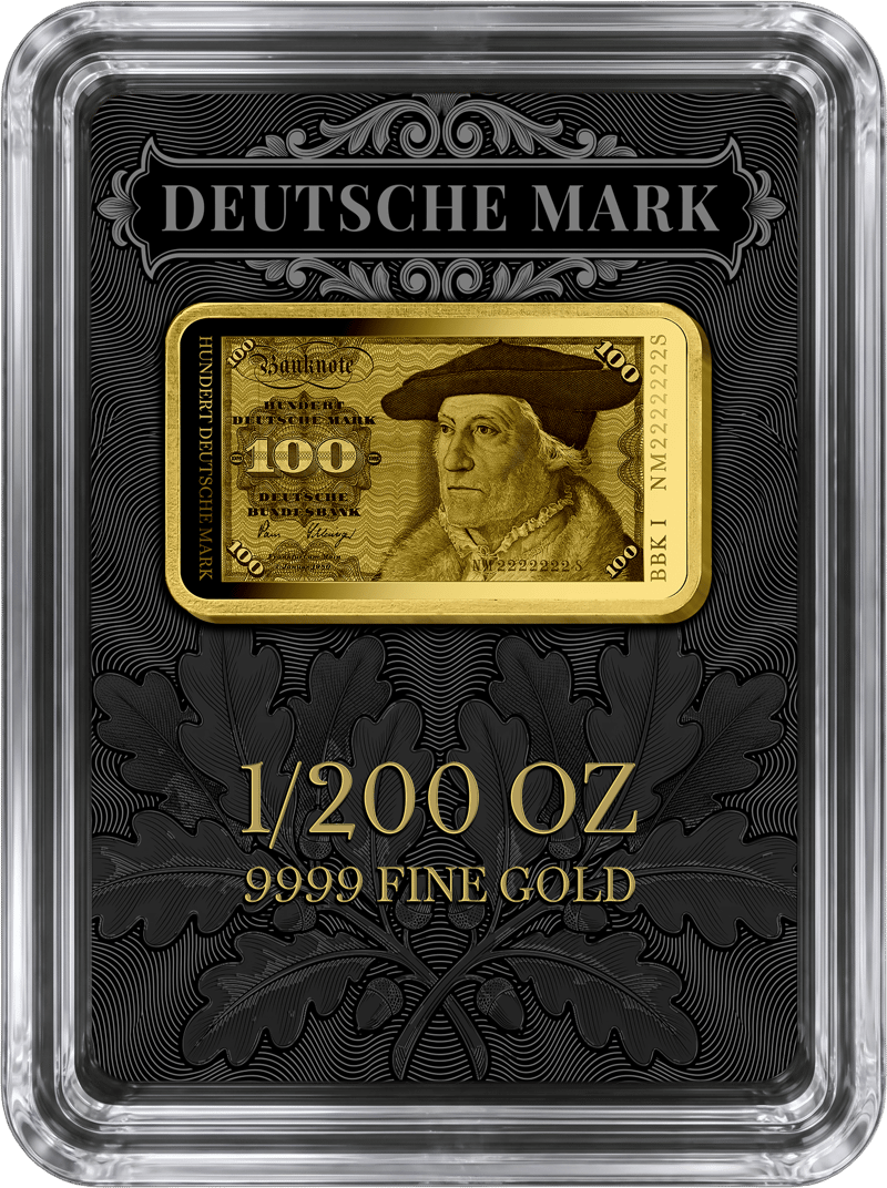 Abbildung des Barrens in der Kapsel auf seiner schwarzen Karte mit DEUTSCHE MARK, 1/200 OZ und 9999 FINE GOLD