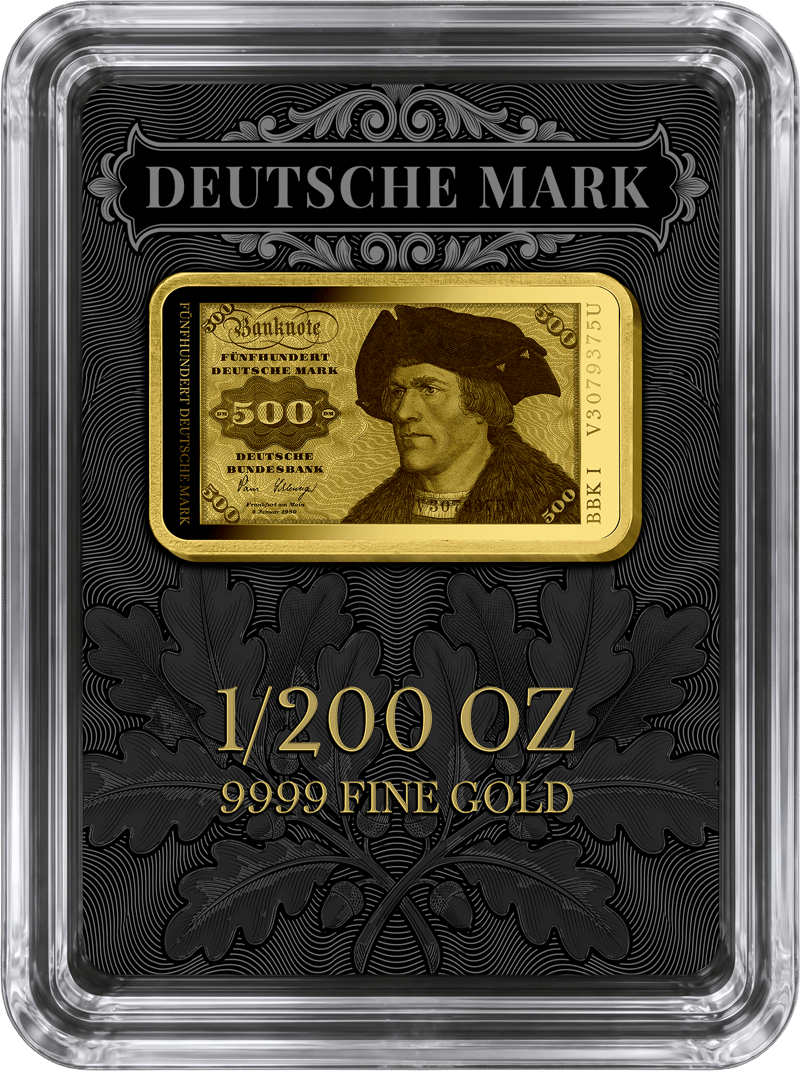 Abbildung des Barrens in der Kapsel auf seiner schwarzen Karte mit DEUTSCHE MARK, 1/200 OZ und 9999 FINE GOLD
