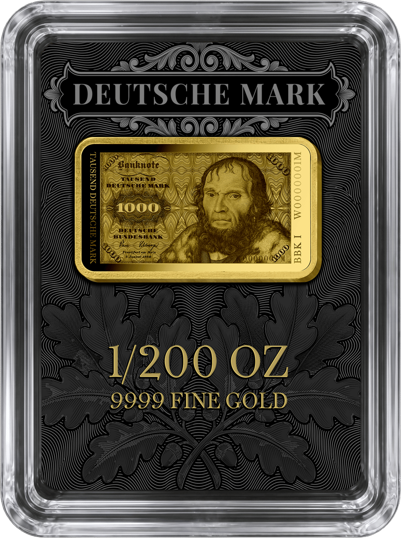Imagen del lingote en la cápsula sobre su tarjeta negra con DEUTSCHE MARK, 1/200 OZ y 9999 FINE GOLD