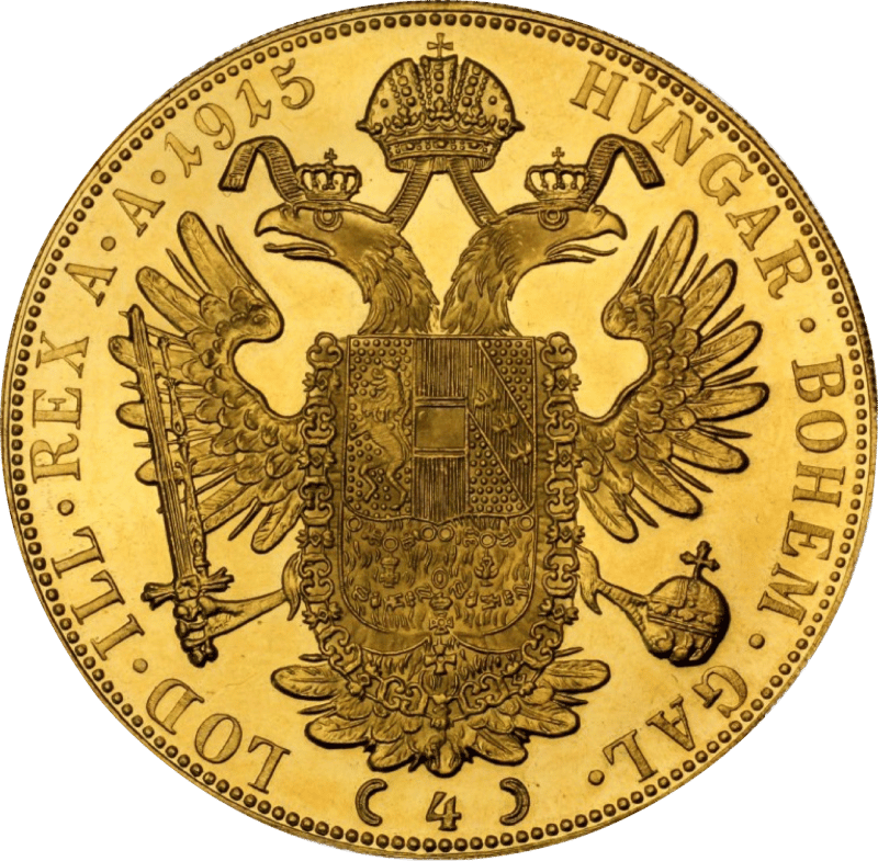 4 Dukaten, Rückseite: gekrönter Doppeladler mit der Wertzahl 4, Umschrift HVNGAR · BOHEM · GAL · LOD · ILL · REX A · A · 1915