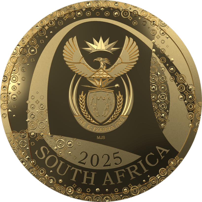 Wappenseite der Münzen von 2025: Staatswappen Südafrikas mit dem Sekretär, darunter 2025 und SOUTH AFRICA, ringsum ein Muster aus Ringen und Punkten