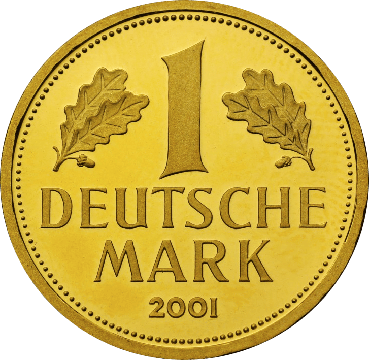 1 Deutsche Mark in Gold von 2001, Wertseite: große Eins zwischen zwei Eichenzweigen, darunter DEUTSCHE MARK 2001