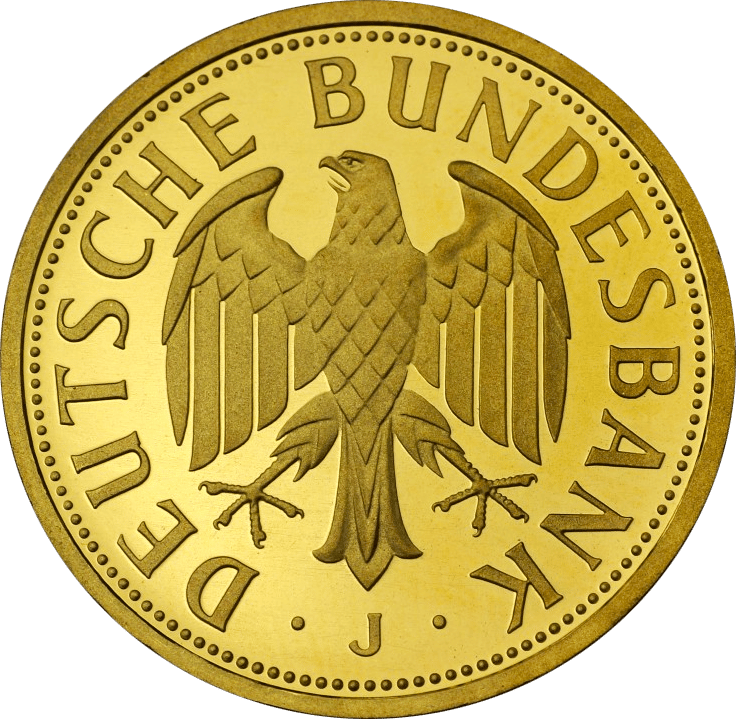 1 Deutsche Mark in Gold, Adlerseite: Bundesadler mit der Umschrift DEUTSCHE BUNDESBANK, darunter das Münzzeichen J