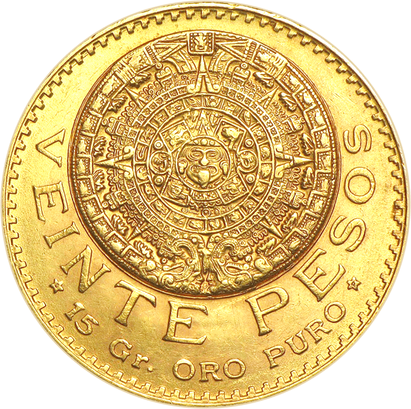 20 Pesos in Gold, Bildseite mit der Piedra del Sol, im Bogen darunter VEINTE PESOS, ganz unten 15 Gr. ORO PURO
