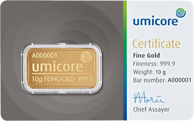 10 g gold from Umicore in the card with certificate of authenticity, image