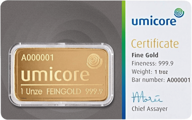 1 Unze Gold von Umicore in der Karte mit Echtheitszertifikat, Abbildung
