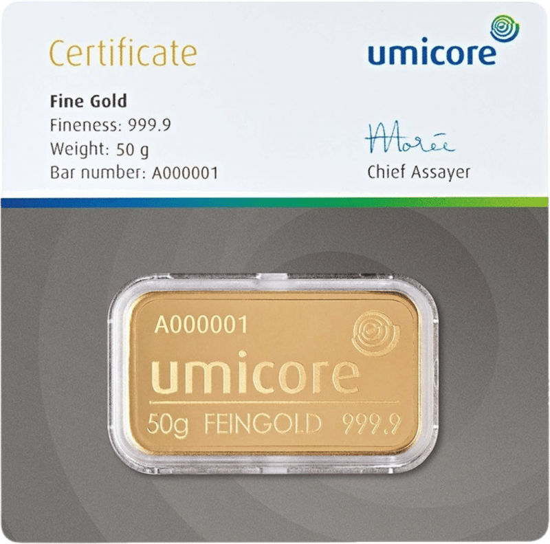 50 g Gold von Umicore in der Karte mit Echtheitszertifikat, Abbildung