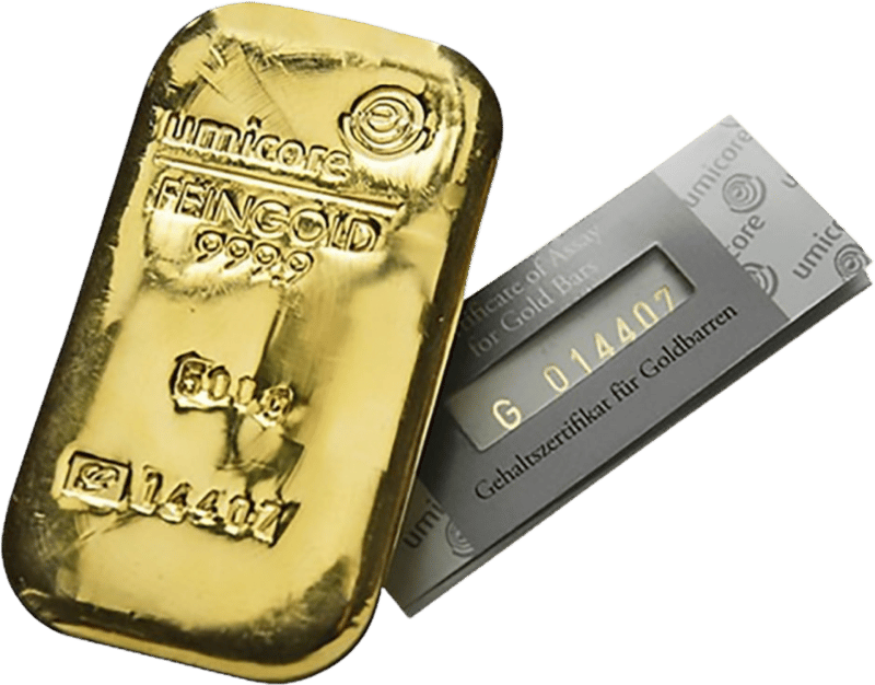 Der Barren neben seinem Gehaltszertifikat für Goldbarren