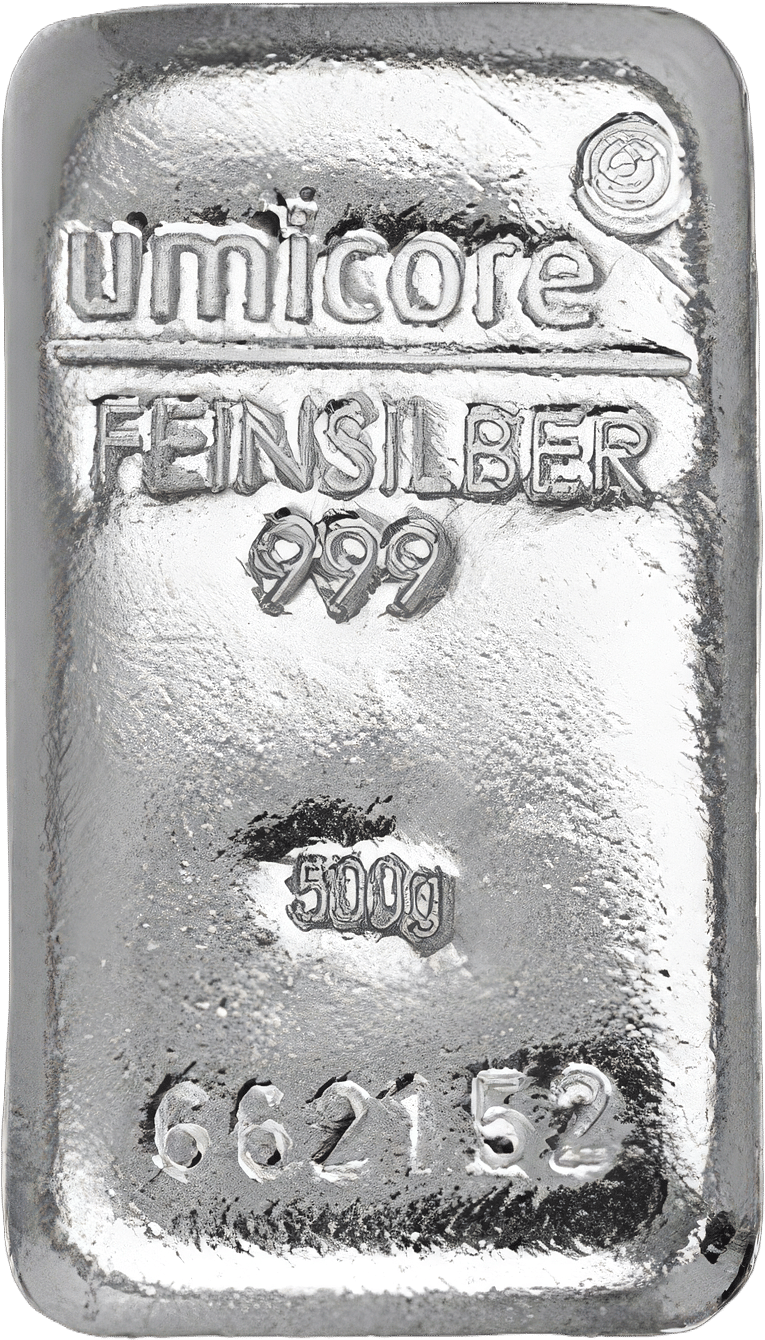 500 g Silber von Umicore, gegossen, Foto eines Einzelstücks
