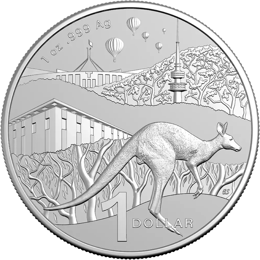 Känguru Bush Capital 2025 in Silber: ein Östliches Graues Riesenkänguru im Sprung vor der Stadtsilhouette von Canberra