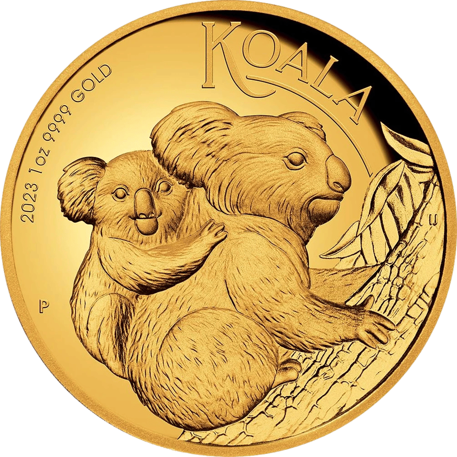 Koala coin 2023, reverse: a koala mother climbs the trunk, her joey holding on to her