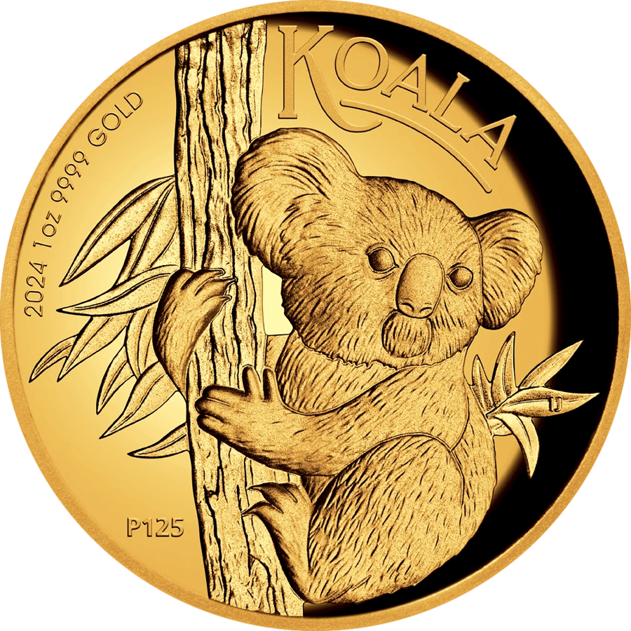 Koala coin 2024, reverse: a koala climbs a eucalyptus trunk, looking out over its natural habitat