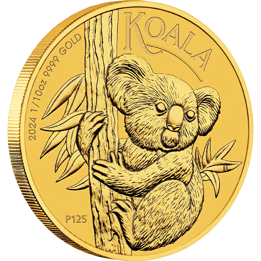 Koala coin 2024, reverse: a koala climbs a eucalyptus trunk, looking out over its natural habitat