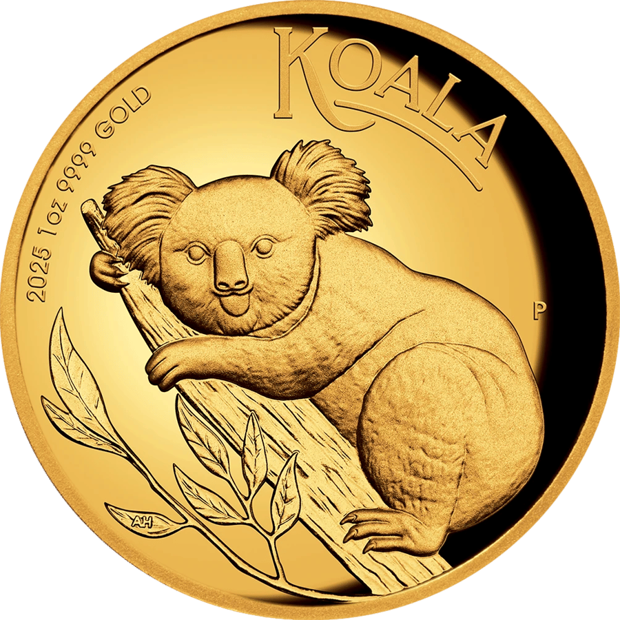 Koala coin 2025, reverse: a koala rests on a branch among eucalyptus foliage