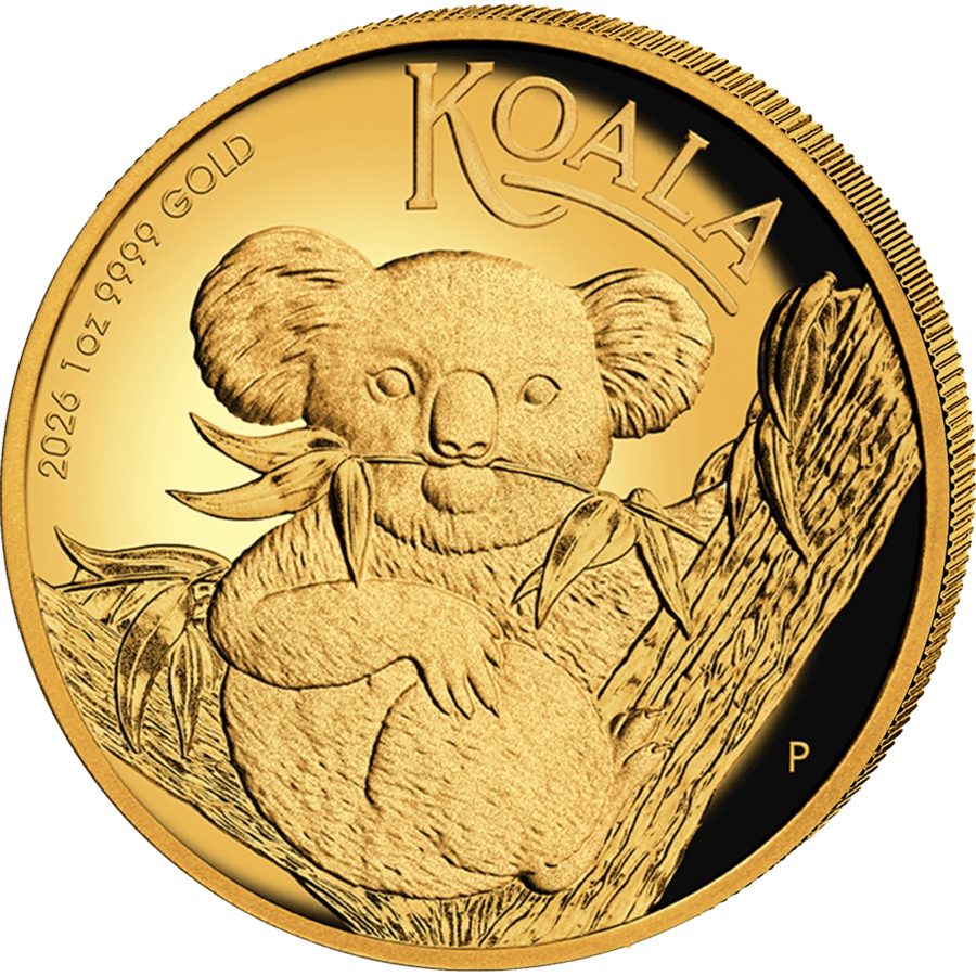 Koala coin 2026, reverse: a koala sits in a eucalyptus tree, holding a leafy sprig in its mouth