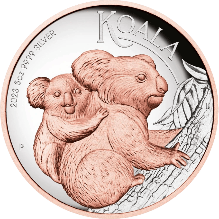 Koala coin 2023, reverse: a koala mother climbs the trunk, her joey holding on to her