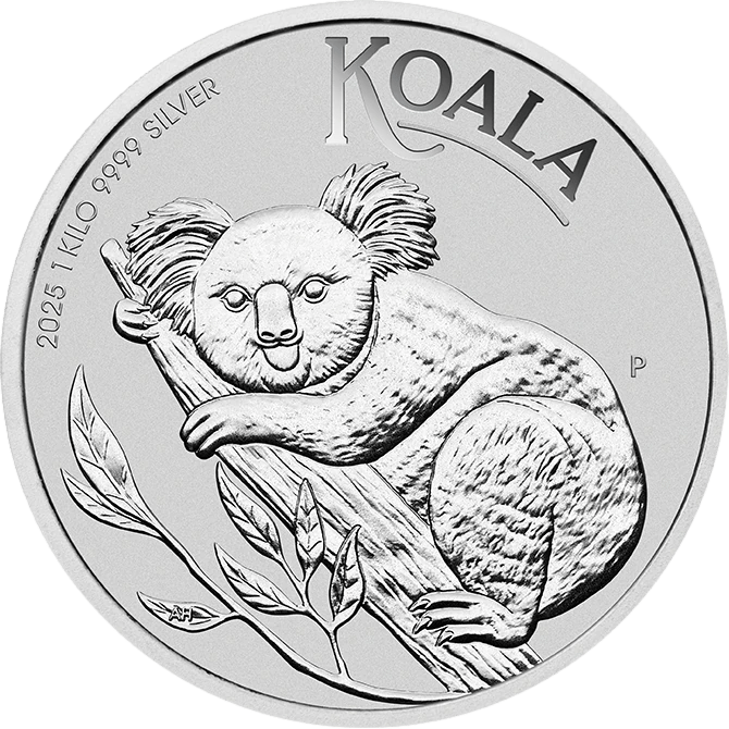 Koala coin 2025, reverse: a koala rests on a branch among eucalyptus foliage