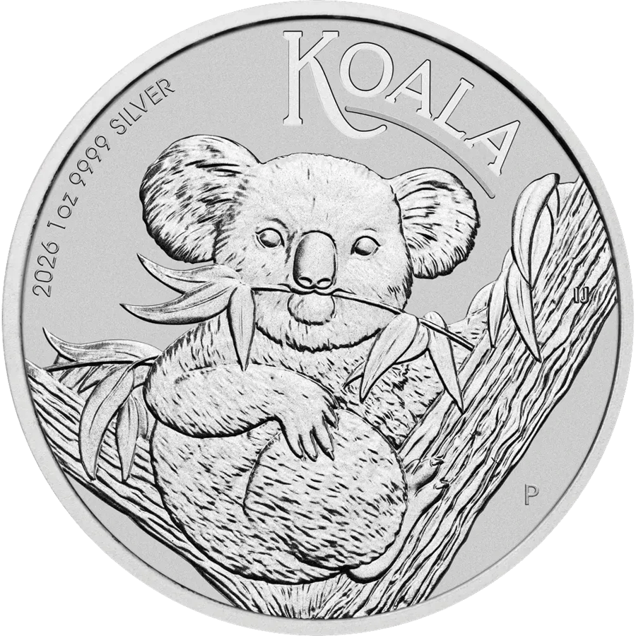 Koala coin 2026, reverse: a koala sits in a eucalyptus tree, holding a leafy sprig in its mouth