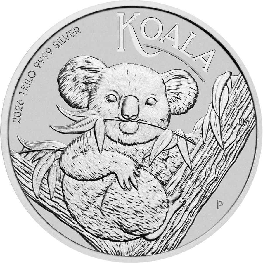 Koala coin 2026, reverse: a koala sits in a eucalyptus tree, holding a leafy sprig in its mouth