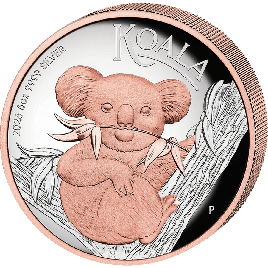 Koala coin 2026, reverse: a koala sits in a eucalyptus tree, holding a leafy sprig in its mouth
