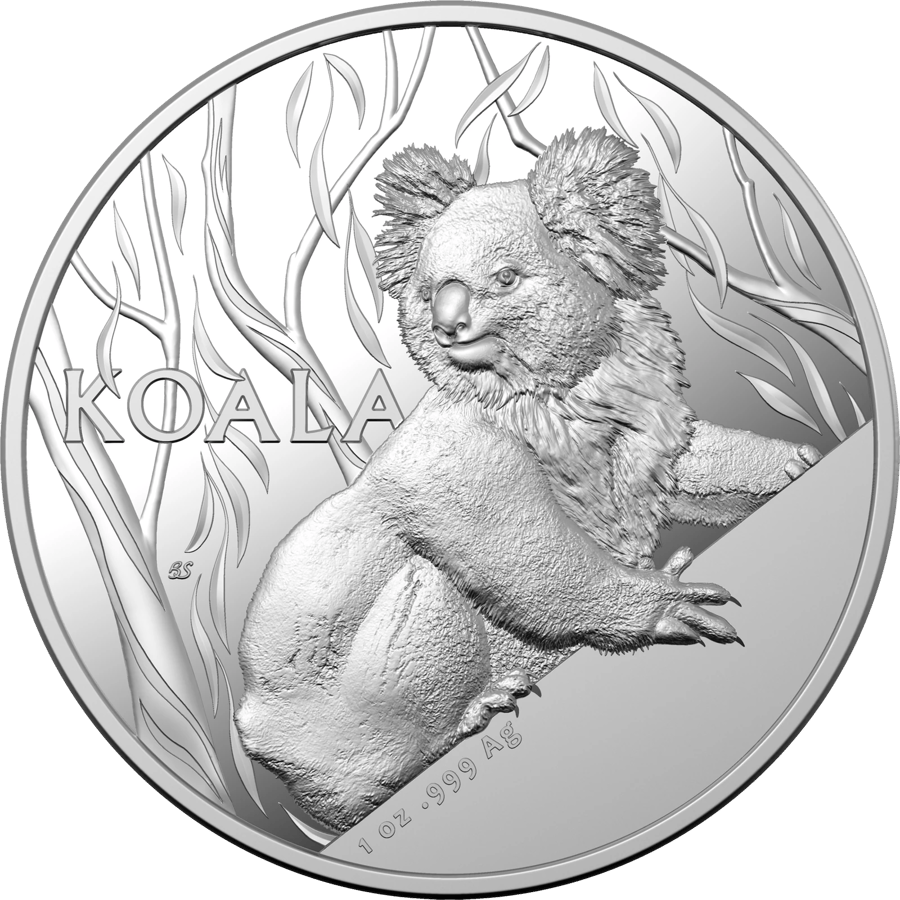 Koala coin 2024, reverse: a koala sits on a sloping trunk, holding on, with eucalyptus foliage behind it