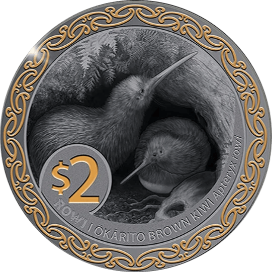 Kiwi 2025, part‑gilded, reverse: gold ornamental ring with $2, in the centre two kiwis in black and grey