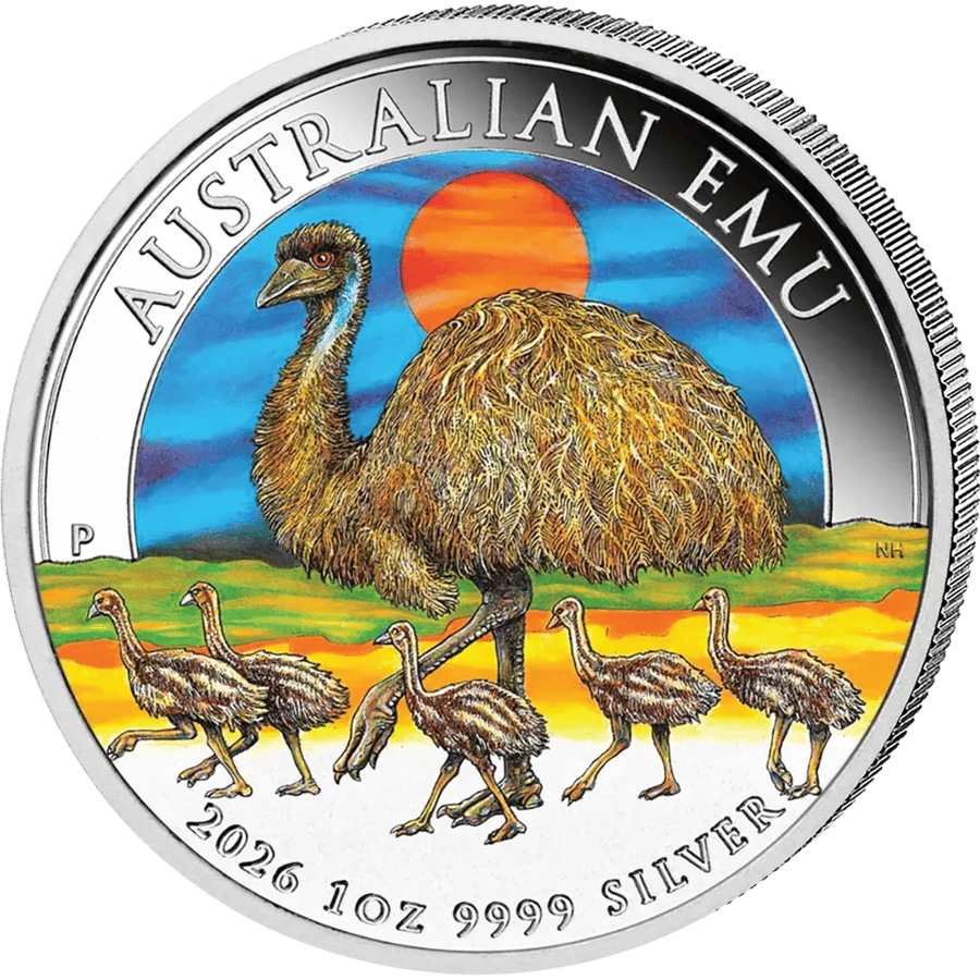 Australian Emu 2026, reverse: emu in a coloured landscape