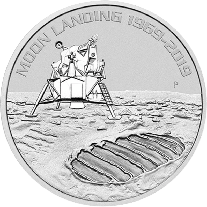 Boot print, silver, reverse: the lunar module behind a large boot print