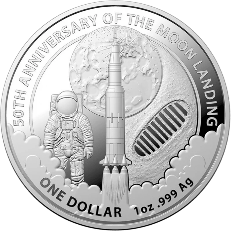 Astronaut and rocket, silver, reverse: an astronaut and a rocket in front of the Moon in cratered relief