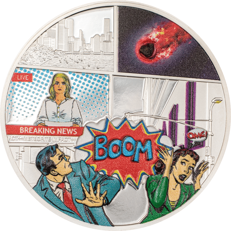 Tenham Meteorite 2023, reverse: an impact as a comic page, with a fireball over a city