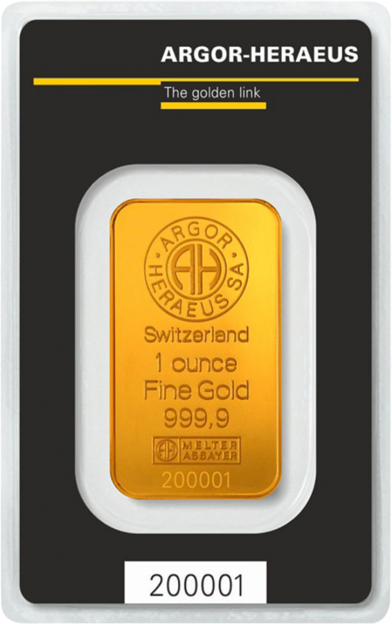 Minted gold bar in the black card with Argor-Heraeus SA, Switzerland, the weight, Fine Gold 999,9, the assayer’s mark and the number