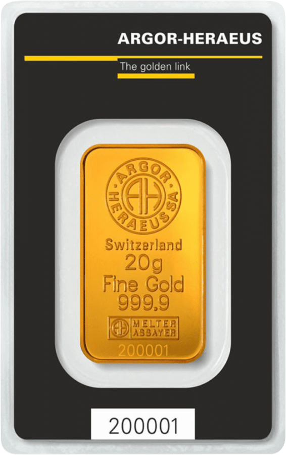 Minted gold bar in the black card with Argor-Heraeus SA, Switzerland, the weight, Fine Gold 999,9, the assayer’s mark and the number