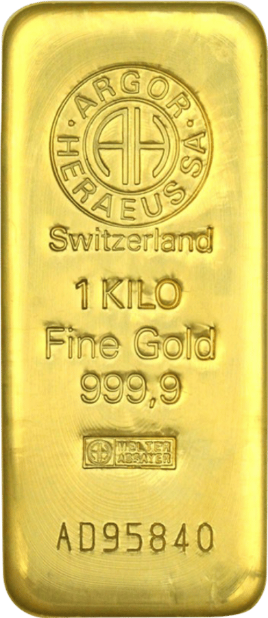Cast gold bar with Argor-Heraeus SA, Switzerland, weight, fineness, the assayer’s mark and the number