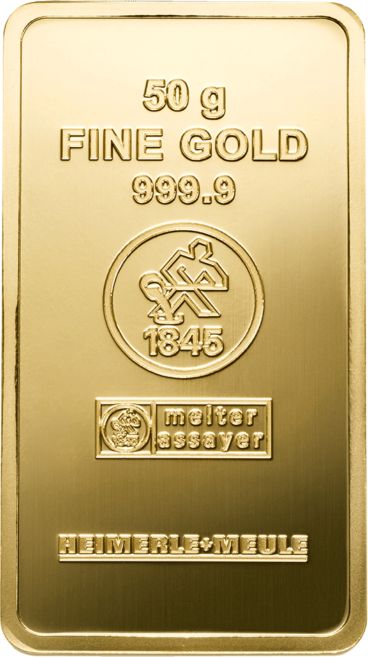 Minted gold bar by Heimerle + Meule, 50 g