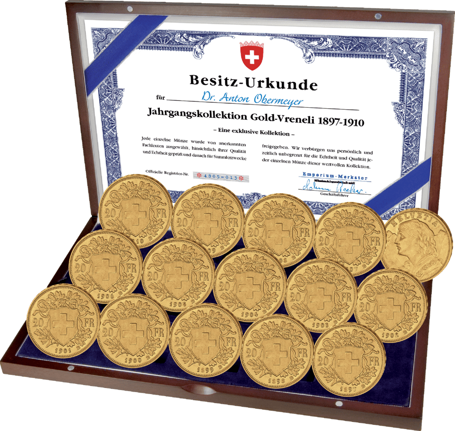14 Goldvreneli zu 20 Franken, 1897 bis 1910