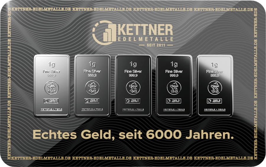 Schwarze Karte von Kettner Edelmetalle mit fünf Silberbarren