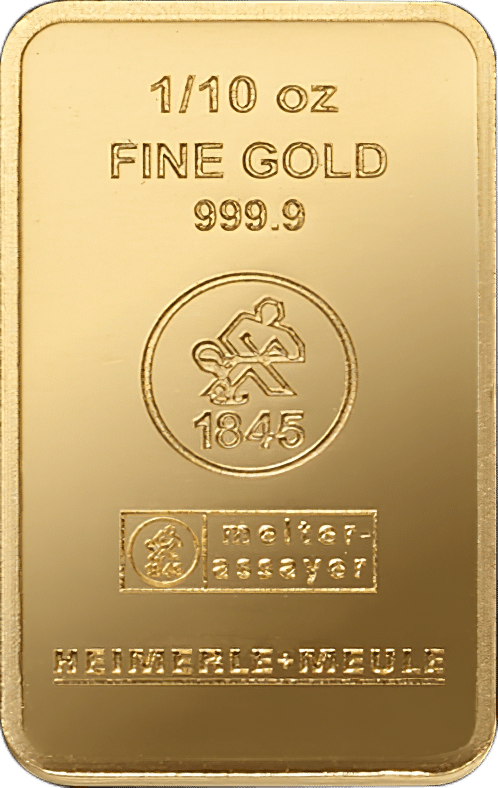 Minted gold bar by Heimerle + Meule, 1/10 oz