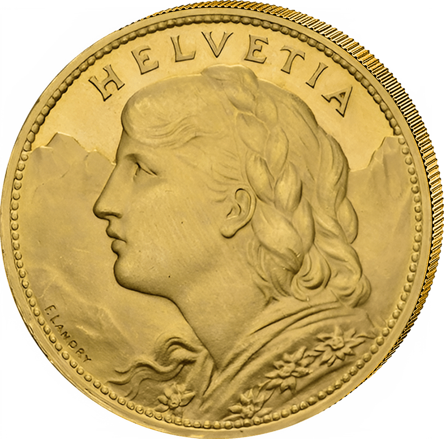 100 francs gold Vreneli of 1925 · Portrait side