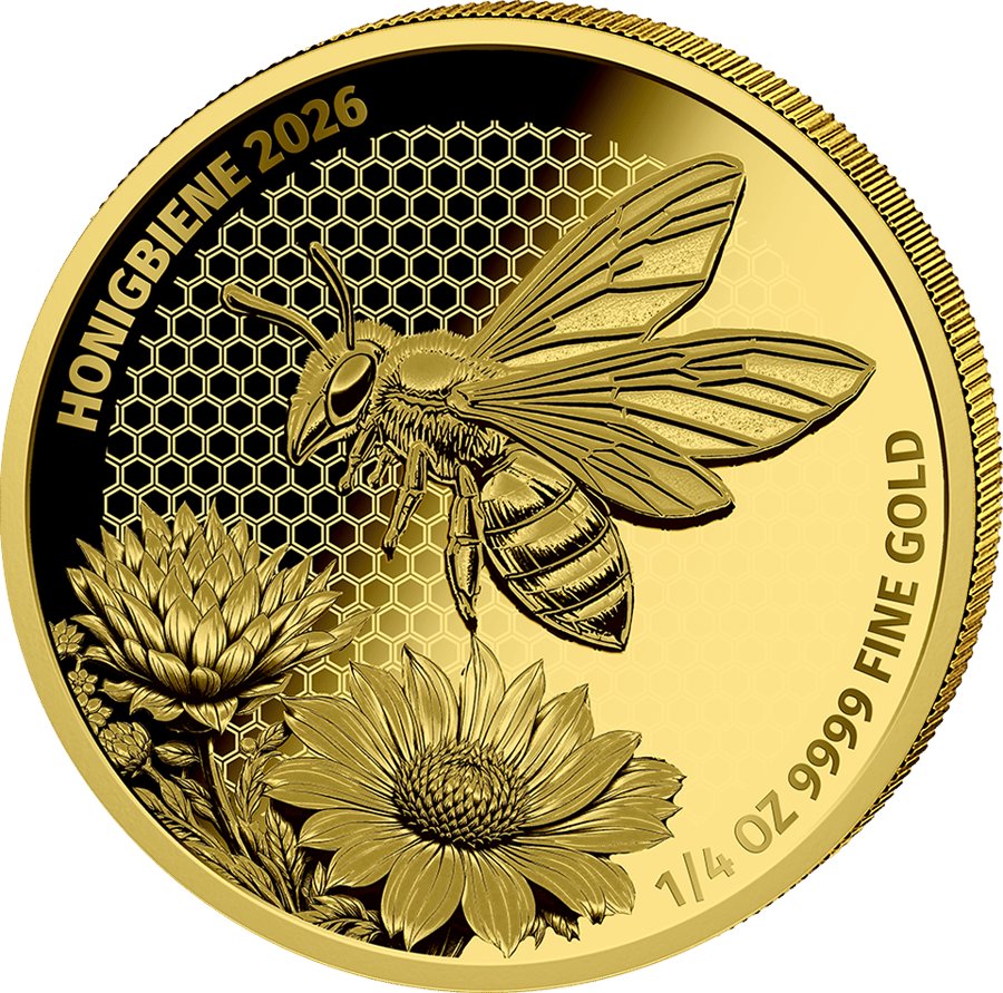 1/4 ounce gold Honey Bee 2026 · Design side with the bee in front of the honeycomb