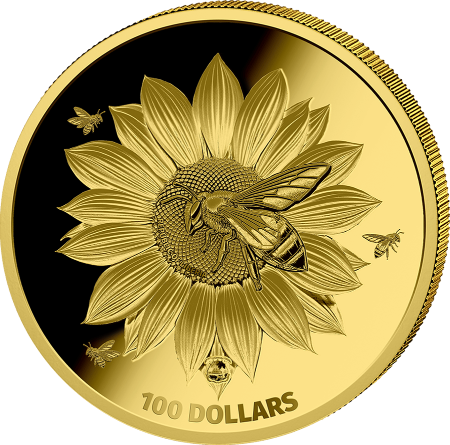 1/4 ounce gold Honey Bee 2026 · Value side with the bee on the sunflower