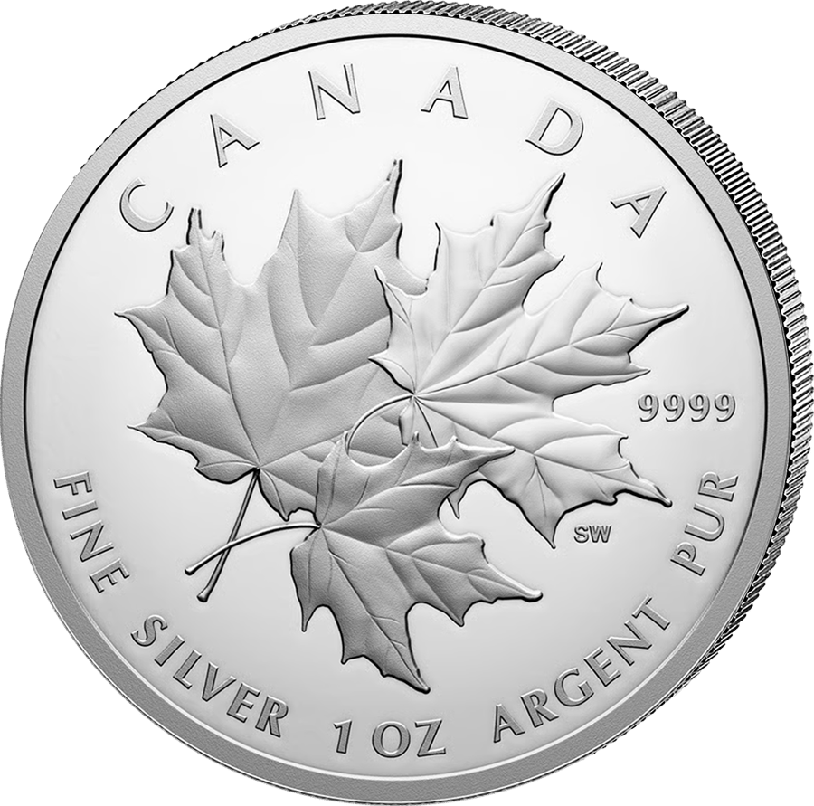 1 ounce of silver 2025, Leaf side: three separate, overlapping maple leaves, CANADA at the top, 9999 and the initials SW on the right, the metal and weight in English and French at the bottom