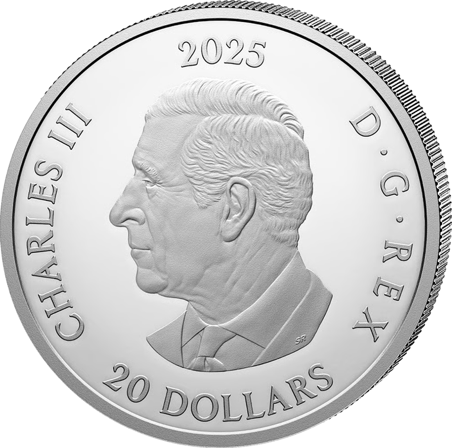 1 ounce of silver 2025, Effigy side: King Charles III in profile facing left, the legend CHARLES III D·G·REX, the year 2025 at the top, the face value at the bottom