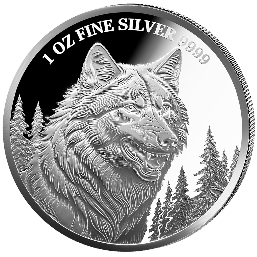 1 ounce silver Wolf 2025 · Design side with the wolf’s head
