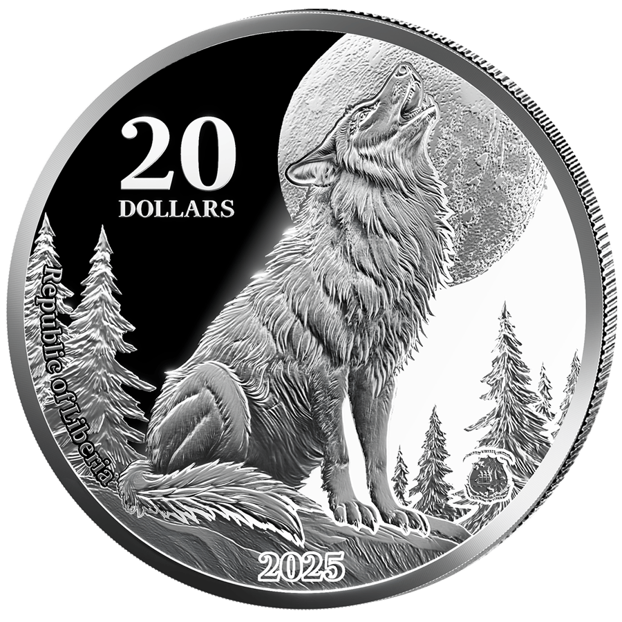 1 ounce silver Wolf 2025 · Value side with the wolf on the rock